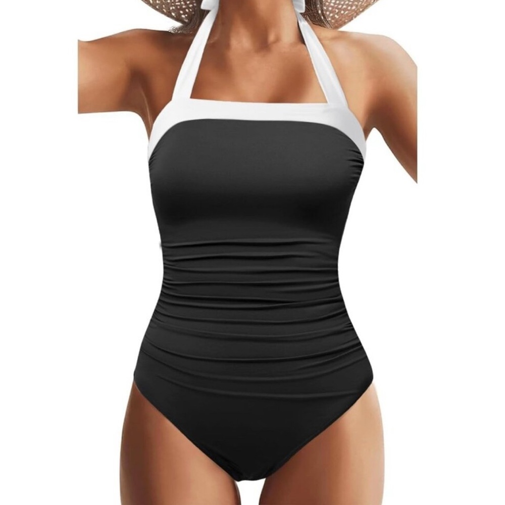Chic Black and White Halter One-Piece Swimsuit